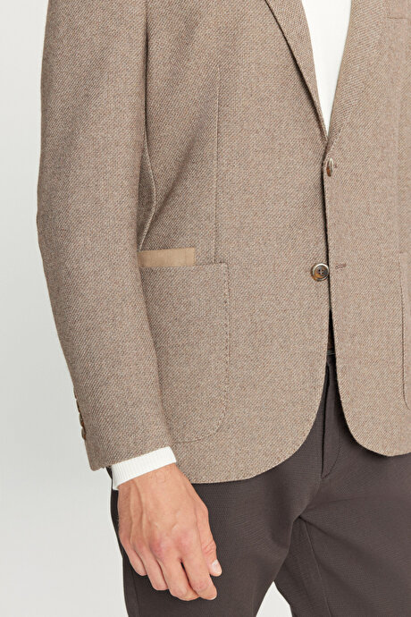 Yünlü Slim Fit Dar Kesim Mono Yaka Torba Cepli Esnek Bej Ceket resmi