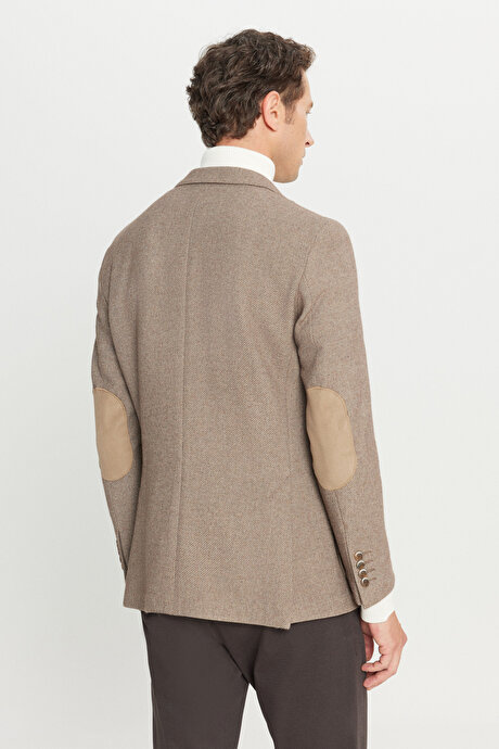 Yünlü Slim Fit Dar Kesim Mono Yaka Torba Cepli Esnek Bej Ceket resmi