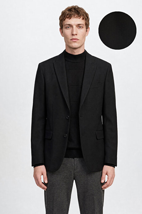 Regular Fit Normal Kesim Kırlangıç Yaka Gofre Desenli Kapak Cepli Blazer Siyah Ceket resmi