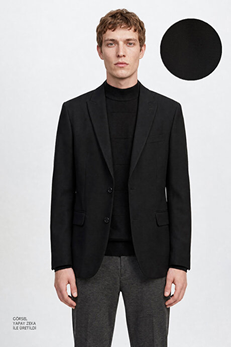 Regular Fit Normal Kesim Kırlangıç Yaka Gofre Desenli Kapak Cepli Blazer Siyah Ceket resmi