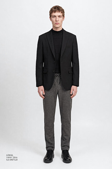 Regular Fit Normal Kesim Kırlangıç Yaka Gofre Desenli Kapak Cepli Blazer Siyah Ceket resmi