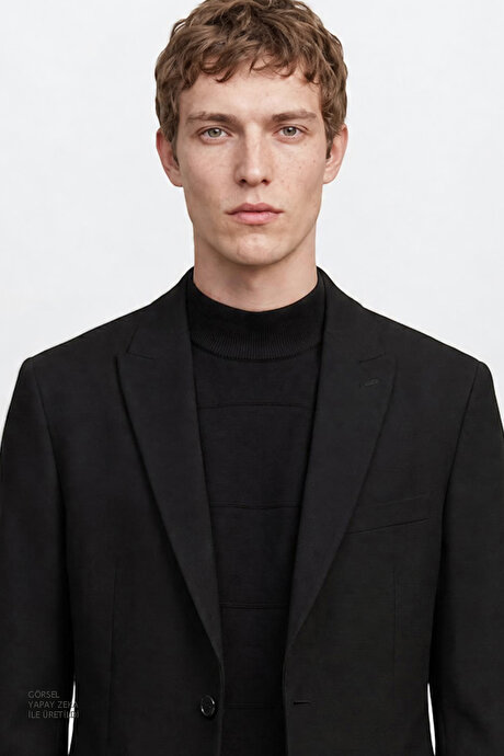 Regular Fit Normal Kesim Kırlangıç Yaka Gofre Desenli Kapak Cepli Blazer Siyah Ceket resmi