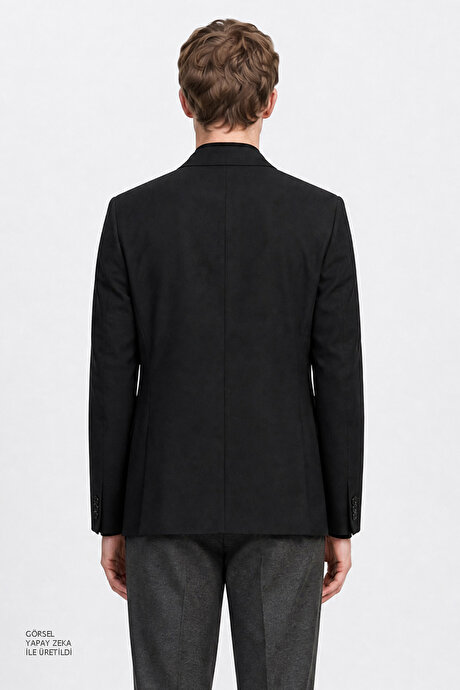 Regular Fit Normal Kesim Kırlangıç Yaka Gofre Desenli Kapak Cepli Blazer Siyah Ceket resmi