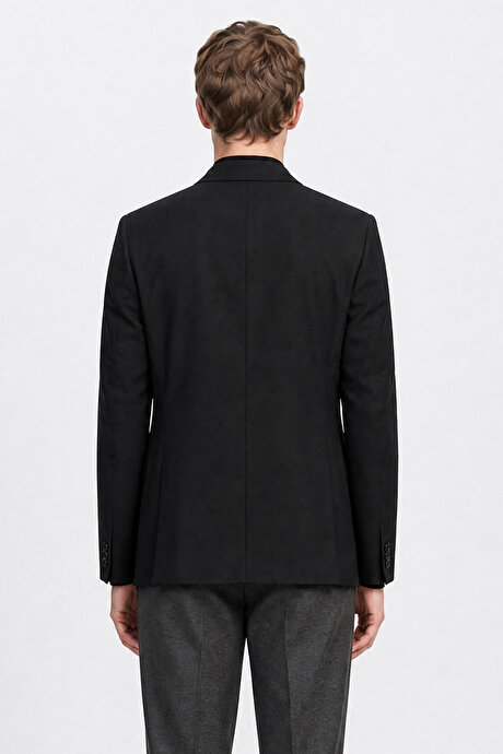 Regular Fit Normal Kesim Kırlangıç Yaka Gofre Desenli Kapak Cepli Blazer Siyah Ceket resmi