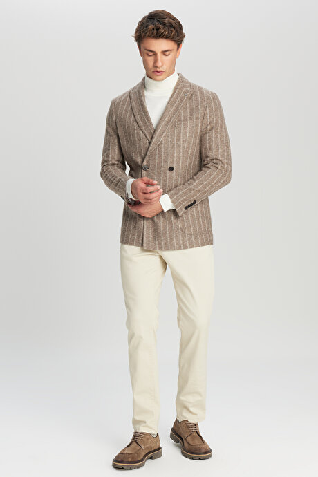 Yünlü Slim Fit Dar Kesim Kırlangıç Yaka Torba Cepli Çizgili Kruvaze Vizon Ceket resmi