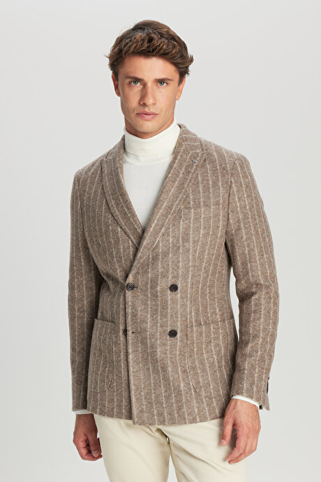 Yünlü Slim Fit Dar Kesim Kırlangıç Yaka Torba Cepli Çizgili Kruvaze Vizon Ceket resmi