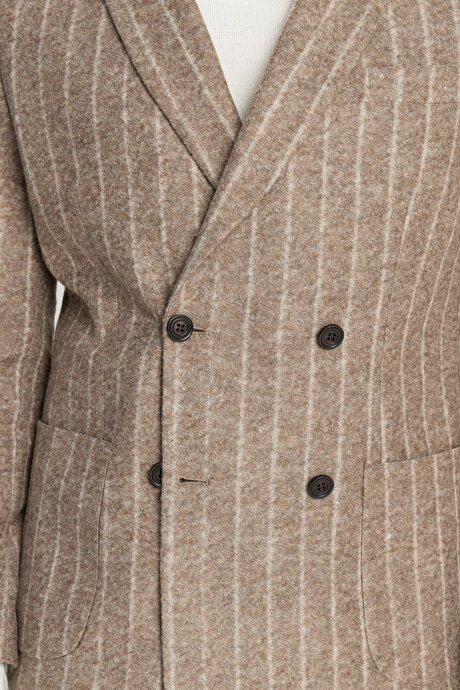 Yünlü Slim Fit Dar Kesim Kırlangıç Yaka Torba Cepli Çizgili Kruvaze Vizon Ceket resmi