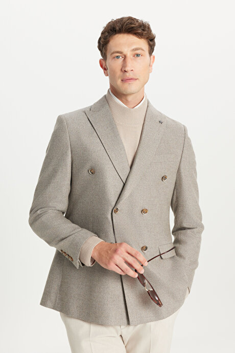 Yünlü Slim Fit Dar Kesim Kırlangıç Yaka Kapak Cepli Diagonal Desenli Blazer Kruvaze Bej Ceket resmi