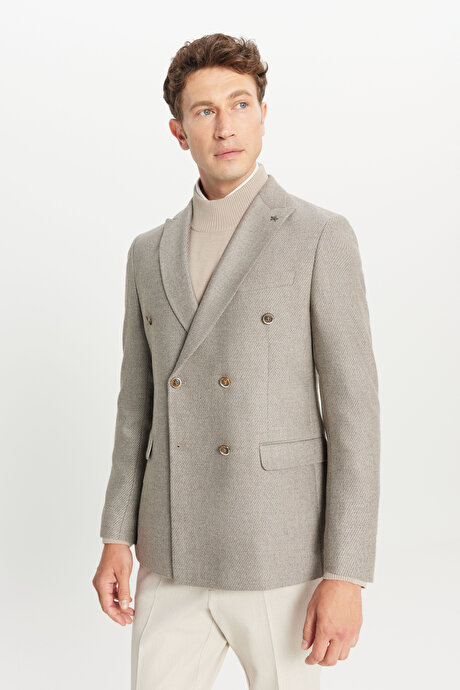 Yünlü Slim Fit Dar Kesim Kırlangıç Yaka Kapak Cepli Diagonal Desenli Blazer Kruvaze Bej Ceket resmi