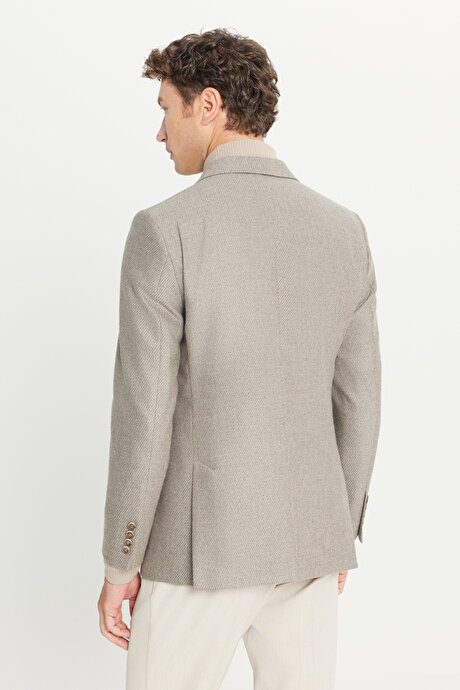 Yünlü Slim Fit Dar Kesim Kırlangıç Yaka Kapak Cepli Diagonal Desenli Blazer Kruvaze Bej Ceket resmi