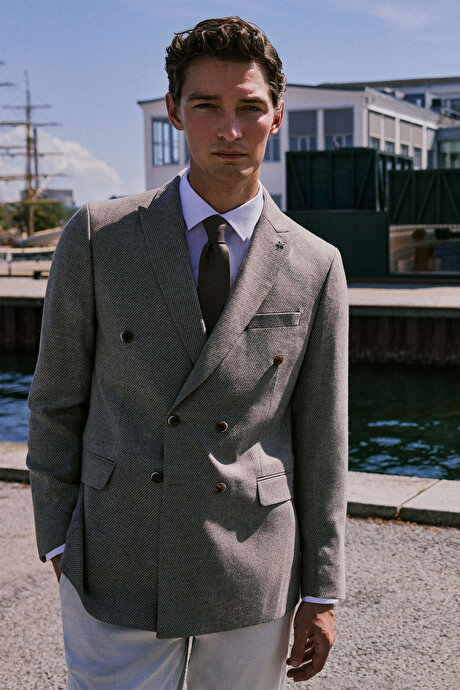 Yünlü Slim Fit Dar Kesim Kırlangıç Yaka Kapak Cepli Diagonal Desenli Blazer Kruvaze Bej Ceket resmi