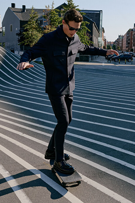 Yünlü Comfort Fit Rahat Kesim Gömlek Yaka Fleto Cepli Lacivert Gömlek Ceket resmi