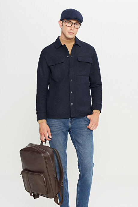 Yünlü Comfort Fit Rahat Kesim Gömlek Yaka Fleto Cepli Lacivert Gömlek Ceket resmi