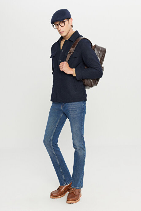 Yünlü Comfort Fit Rahat Kesim Gömlek Yaka Fleto Cepli Lacivert Gömlek Ceket resmi