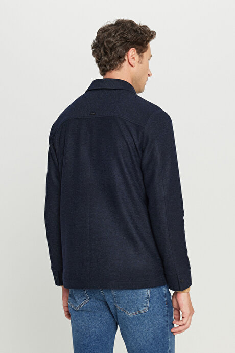 Yünlü Comfort Fit Rahat Kesim Gömlek Yaka Fleto Cepli Lacivert Gömlek Ceket resmi