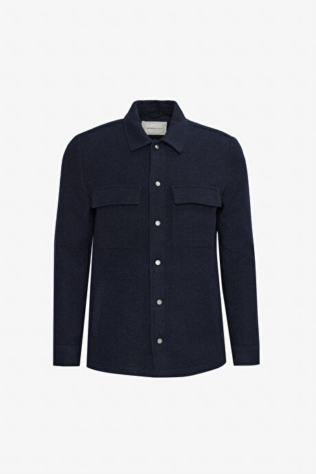 Yünlü Comfort Fit Rahat Kesim Gömlek Yaka Fleto Cepli Lacivert Gömlek Ceket resmi