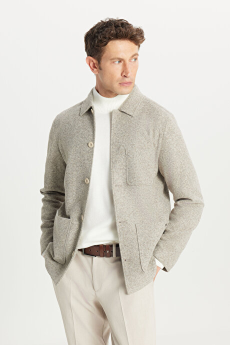 Yünlü Comfort Fit Rahat Kesim Gömlek Yaka Torba Cepli Vizon Gömlek Ceket resmi