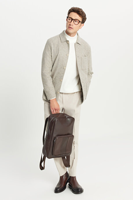 Yünlü Comfort Fit Rahat Kesim Gömlek Yaka Torba Cepli Vizon Gömlek Ceket resmi