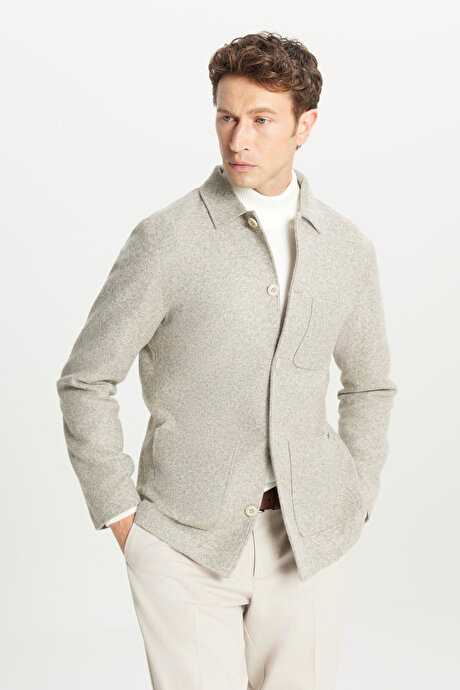 Yünlü Comfort Fit Rahat Kesim Gömlek Yaka Torba Cepli Vizon Gömlek Ceket resmi