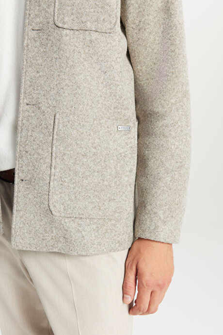 Yünlü Comfort Fit Rahat Kesim Gömlek Yaka Torba Cepli Vizon Gömlek Ceket resmi