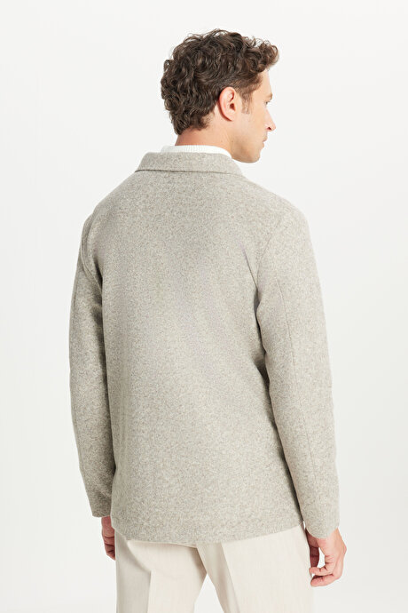 Yünlü Comfort Fit Rahat Kesim Gömlek Yaka Torba Cepli Vizon Gömlek Ceket resmi