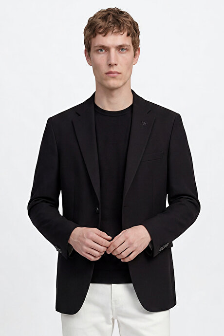 Pamuklu Slim Fit Dar Kesim Mono Yaka Kapak Cepli Esnek Blazer Siyah Ceket resmi