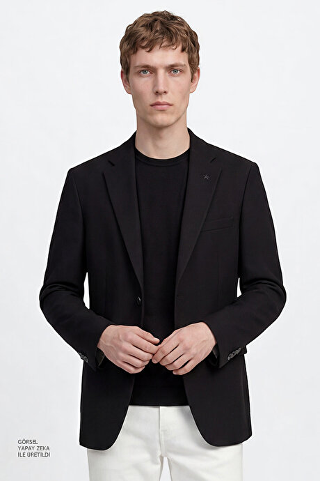 Pamuklu Slim Fit Dar Kesim Mono Yaka Kapak Cepli Esnek Blazer Siyah Ceket resmi