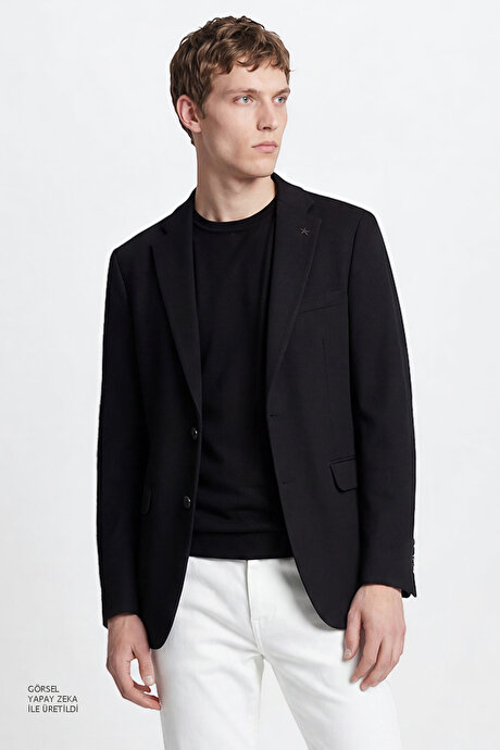 Pamuklu Slim Fit Dar Kesim Mono Yaka Kapak Cepli Esnek Blazer Siyah Ceket resmi