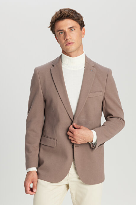 Pamuklu Slim Fit Dar Kesim Mono Yaka Kapak Cepli Esnek Blazer Vizon Ceket resmi