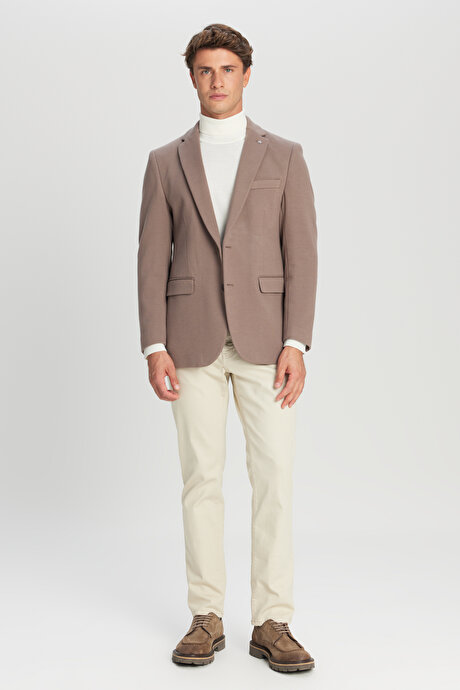 Pamuklu Slim Fit Dar Kesim Mono Yaka Kapak Cepli Esnek Blazer Vizon Ceket resmi