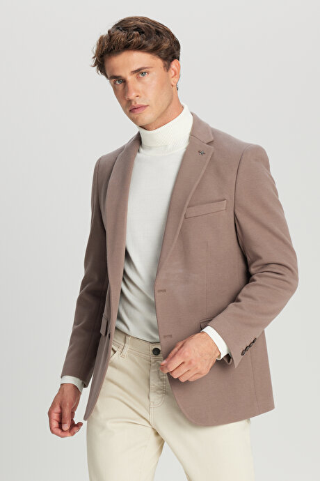 Pamuklu Slim Fit Dar Kesim Mono Yaka Kapak Cepli Esnek Blazer Vizon Ceket resmi