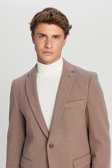 Pamuklu Slim Fit Dar Kesim Mono Yaka Kapak Cepli Esnek Blazer Vizon Ceket resmi