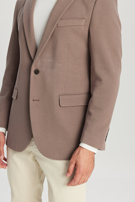 Pamuklu Slim Fit Dar Kesim Mono Yaka Kapak Cepli Esnek Blazer Vizon Ceket resmi