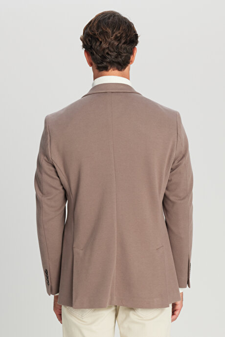 Pamuklu Slim Fit Dar Kesim Mono Yaka Kapak Cepli Esnek Blazer Vizon Ceket resmi