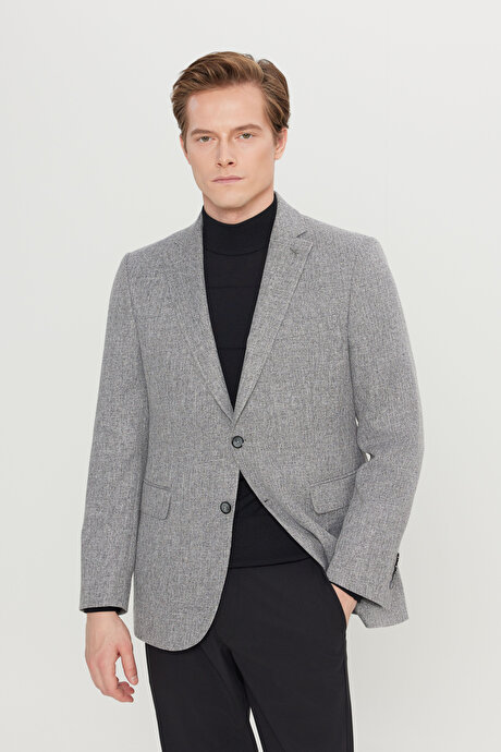 Slim Fit Dar Kesim Mono Yaka Kapak Cepli Armürlü Blazer Gri Ceket resmi