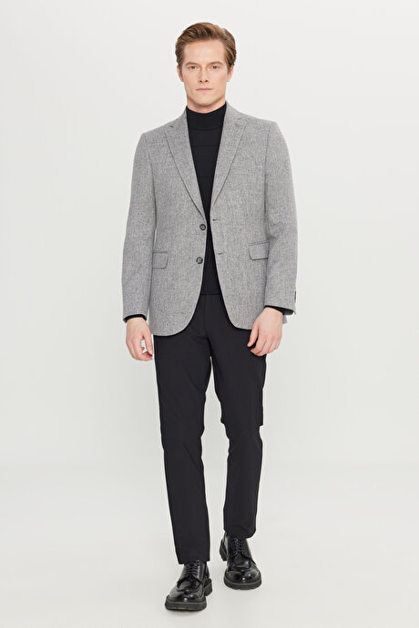 Slim Fit Dar Kesim Mono Yaka Kapak Cepli Armürlü Blazer Gri Ceket resmi