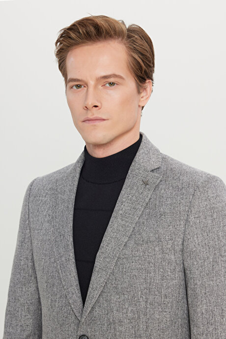 Slim Fit Dar Kesim Mono Yaka Kapak Cepli Armürlü Blazer Gri Ceket resmi