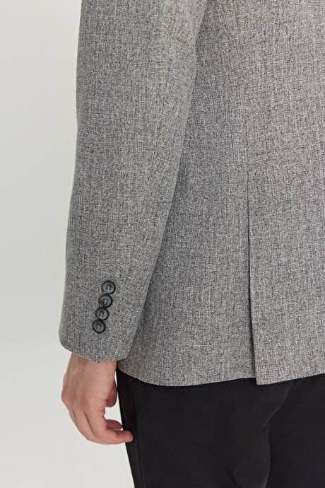Slim Fit Dar Kesim Mono Yaka Kapak Cepli Armürlü Blazer Gri Ceket resmi