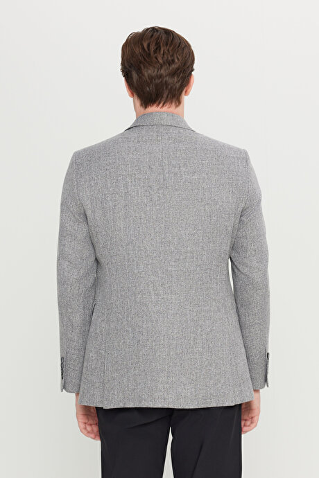 Slim Fit Dar Kesim Mono Yaka Kapak Cepli Armürlü Blazer Gri Ceket resmi