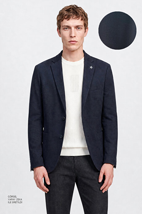 Yünlü Slim Fit Dar Kesim Mono Yaka Torba Cepli Blazer Lacivert Ceket resmi
