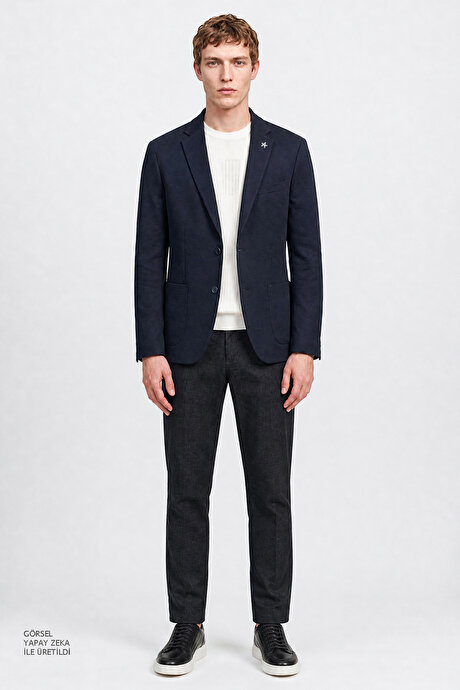 Yünlü Slim Fit Dar Kesim Mono Yaka Torba Cepli Blazer Lacivert Ceket resmi