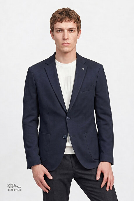 Yünlü Slim Fit Dar Kesim Mono Yaka Torba Cepli Blazer Lacivert Ceket resmi