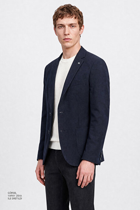Yünlü Slim Fit Dar Kesim Mono Yaka Torba Cepli Blazer Lacivert Ceket resmi