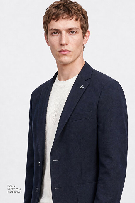 Yünlü Slim Fit Dar Kesim Mono Yaka Torba Cepli Blazer Lacivert Ceket resmi