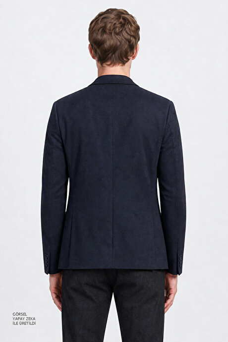 Yünlü Slim Fit Dar Kesim Mono Yaka Torba Cepli Blazer Lacivert Ceket resmi