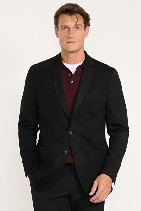 Yünlü Slim Fit Dar Kesim Mono Yaka Torba Cepli Blazer Siyah Ceket resmi