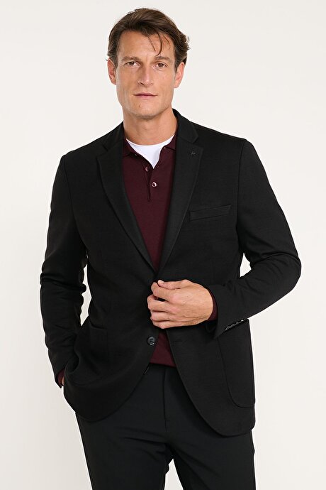 Yünlü Slim Fit Dar Kesim Mono Yaka Torba Cepli Blazer Siyah Ceket resmi