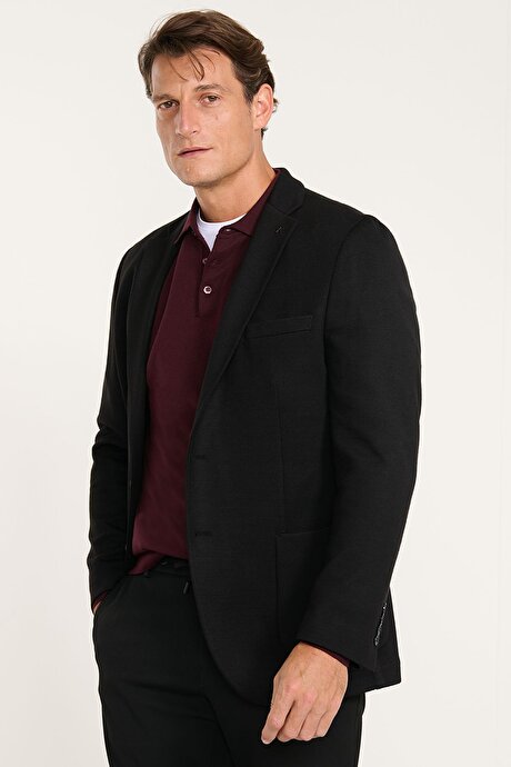 Yünlü Slim Fit Dar Kesim Mono Yaka Torba Cepli Blazer Siyah Ceket resmi