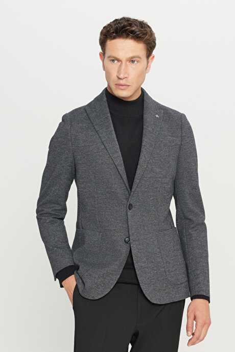 Pamuklu Slim Fit Dar Kesim Kırlangıç Yaka Diagonal Desenli Blazer Siyah Ceket resmi