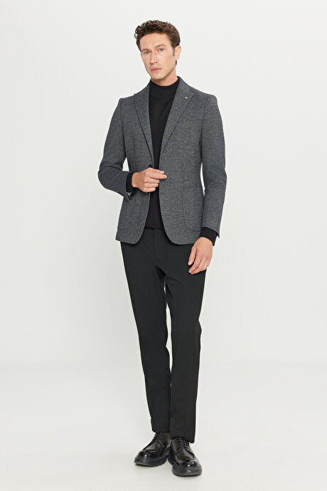 Pamuklu Slim Fit Dar Kesim Kırlangıç Yaka Diagonal Desenli Blazer Siyah Ceket resmi